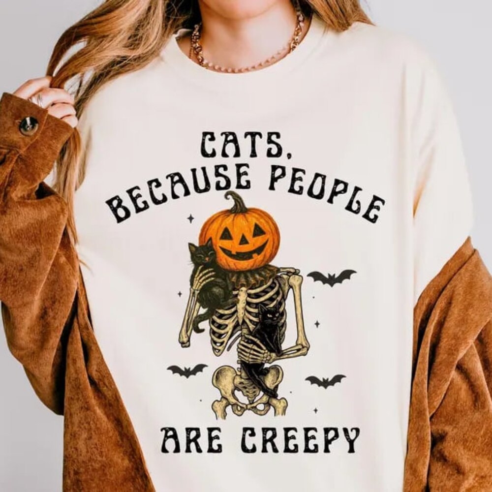 Halloween Graphic T-shirt, Cats And Skeleton, Unisex Tee for Fall, Spooky Season